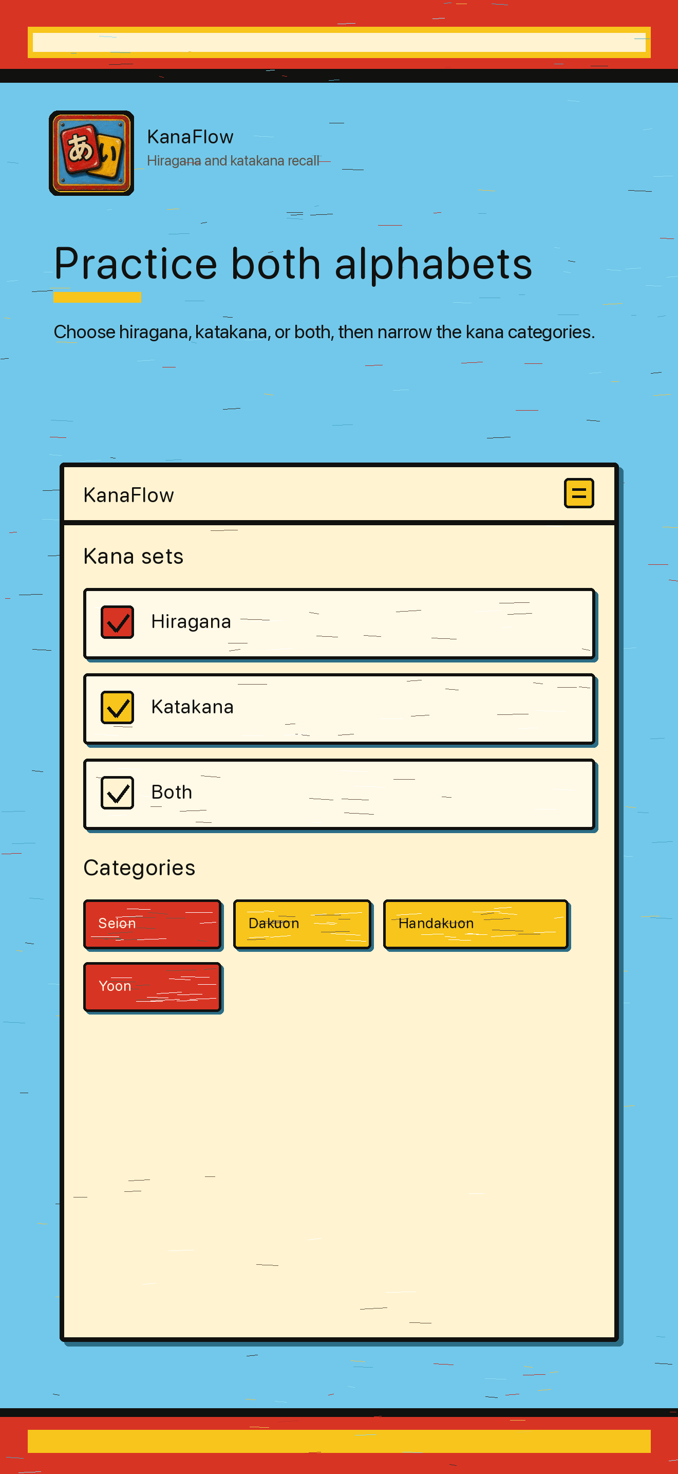KanaFlow Practice preview showing hiragana and katakana set controls