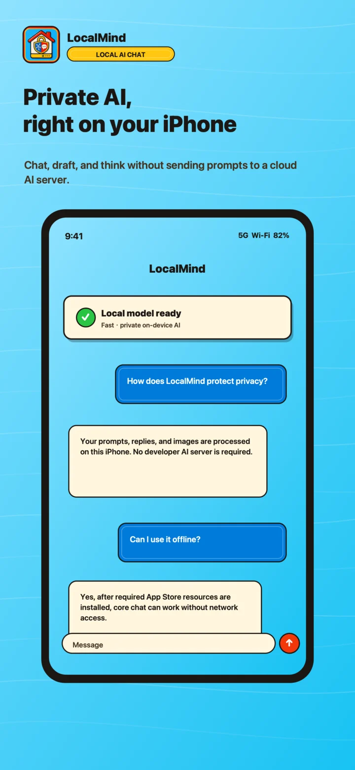 LocalMind iPhone chat preview with private local AI answers