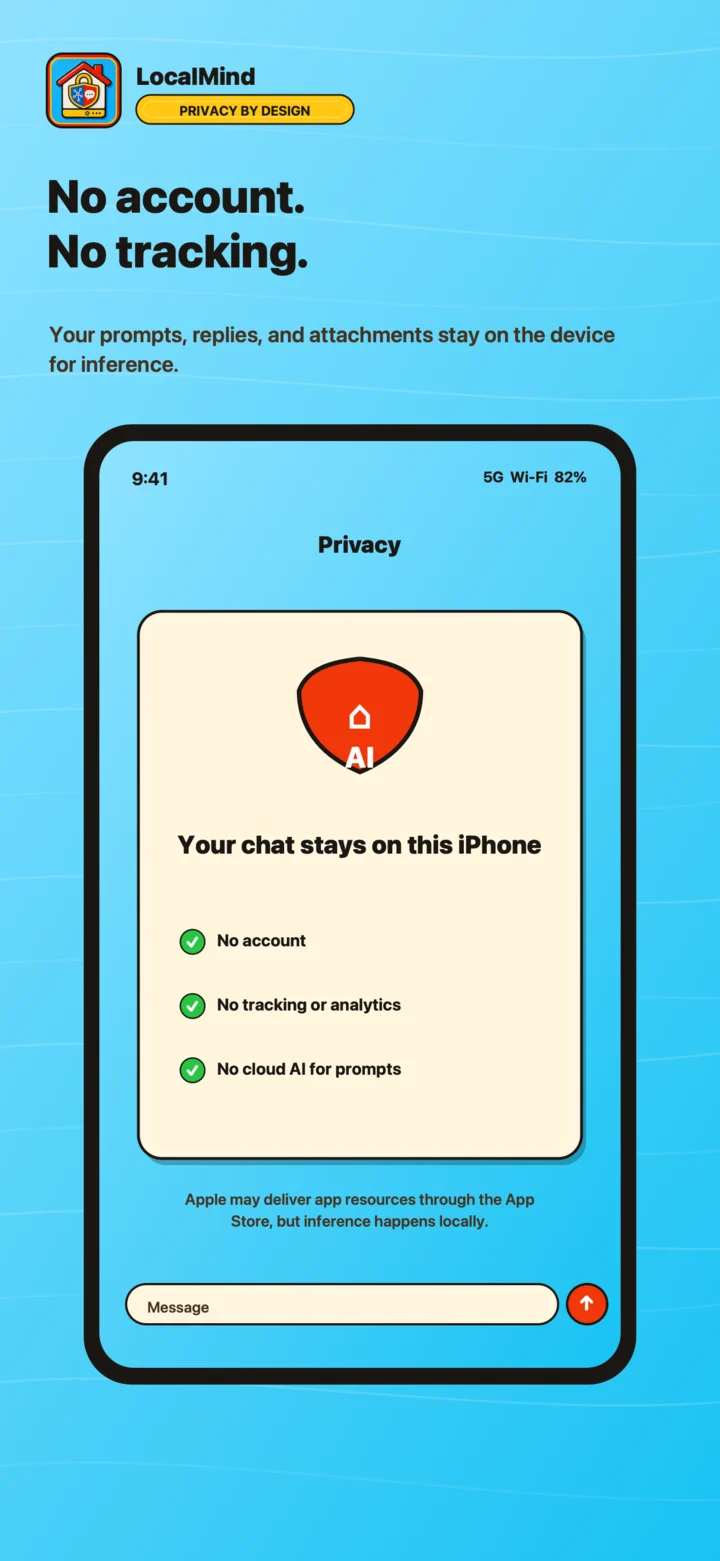 LocalMind privacy promises including no account and no tracking