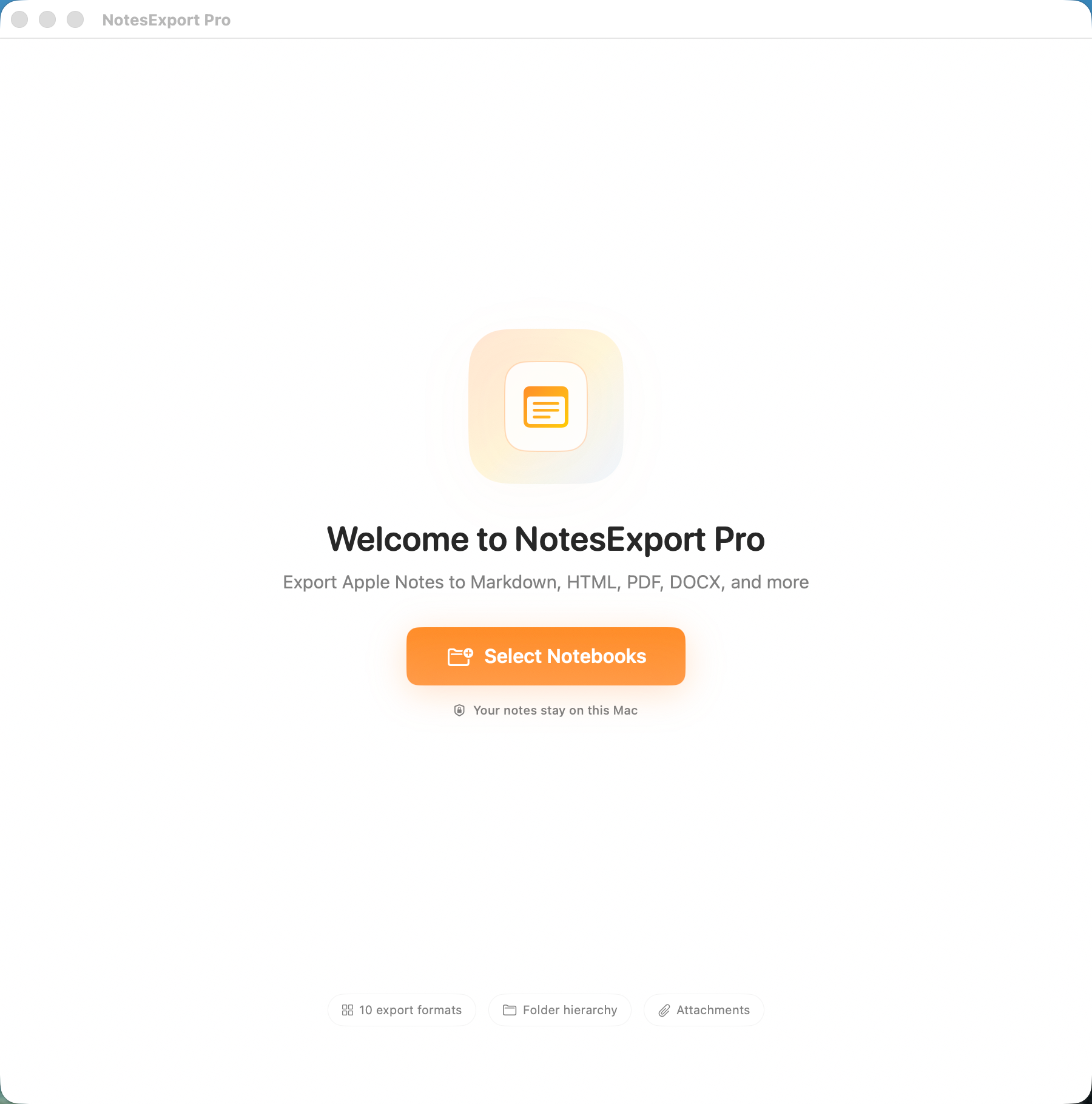 NotesExport Pro welcome screen with Select Notebooks action