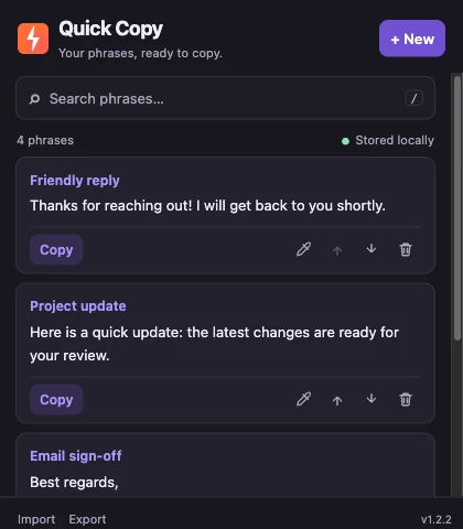 The same Quick Copy phrase library in dark mode.