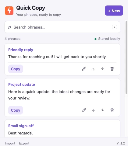 Quick Copy Phrases showing saved replies, search, Copy buttons and Import and Export controls.