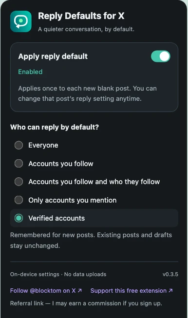 Reply Defaults for X settings in dark mode.