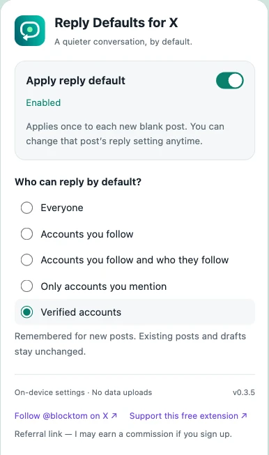 Reply Defaults for X settings: Apply reply default and five audience choices, with Verified accounts selected.